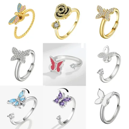 Fidget Spinner Ring for Women, Zircon Butterfly Flower Anti-Stress Anxiety Ring