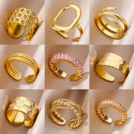 Stainless Steel Gold-Plated Rings for Women, Luxury Classic Wedding Couple Rings